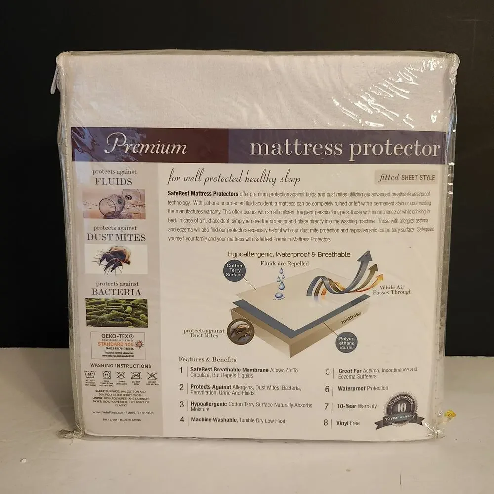 New SafeRest Premium Hypoallergenic Waterproof Mattress Protector Sz Queen